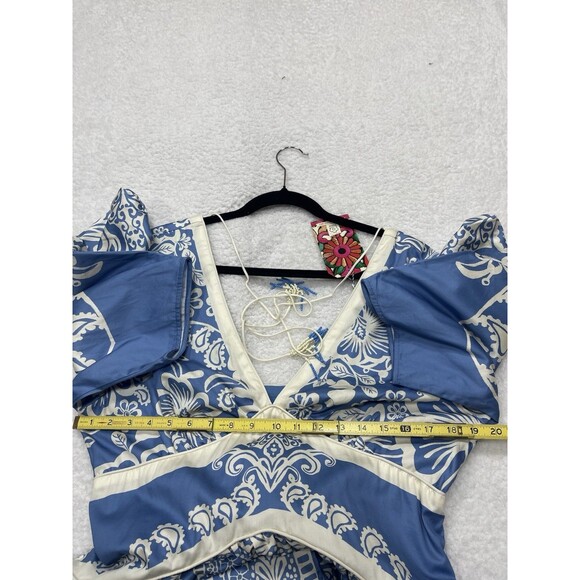 Anthropologie Farm Rio Maxi Dress Blue V Neck Puff Sleeve Preppy Boho Large NWT - Picture 6 of 12